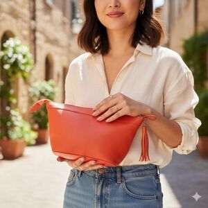 Valentina Leather Pouch Clutch Bag Red Italian‎ Made Tassel Accent Orange Coral